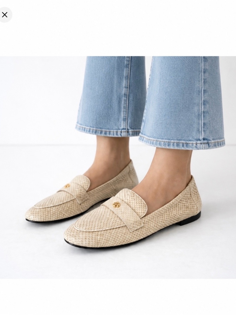 Tory Burch Ballet Loafer Flats Shoes Snakeskin Leather Gold Logo Beige Size 5.5